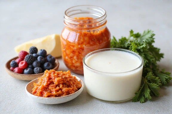 A close-up of various probiotics foods like yogurt, kimchi, and kefir, highlighting gut health.