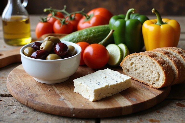 A beautifully arranged spread of Mediterranean diet foods including olives, feta cheese, whole grains, and fresh vegetables.