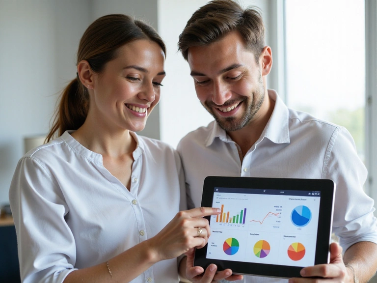 A nutritionist and client reviewing progress on a tablet with charts and graphs